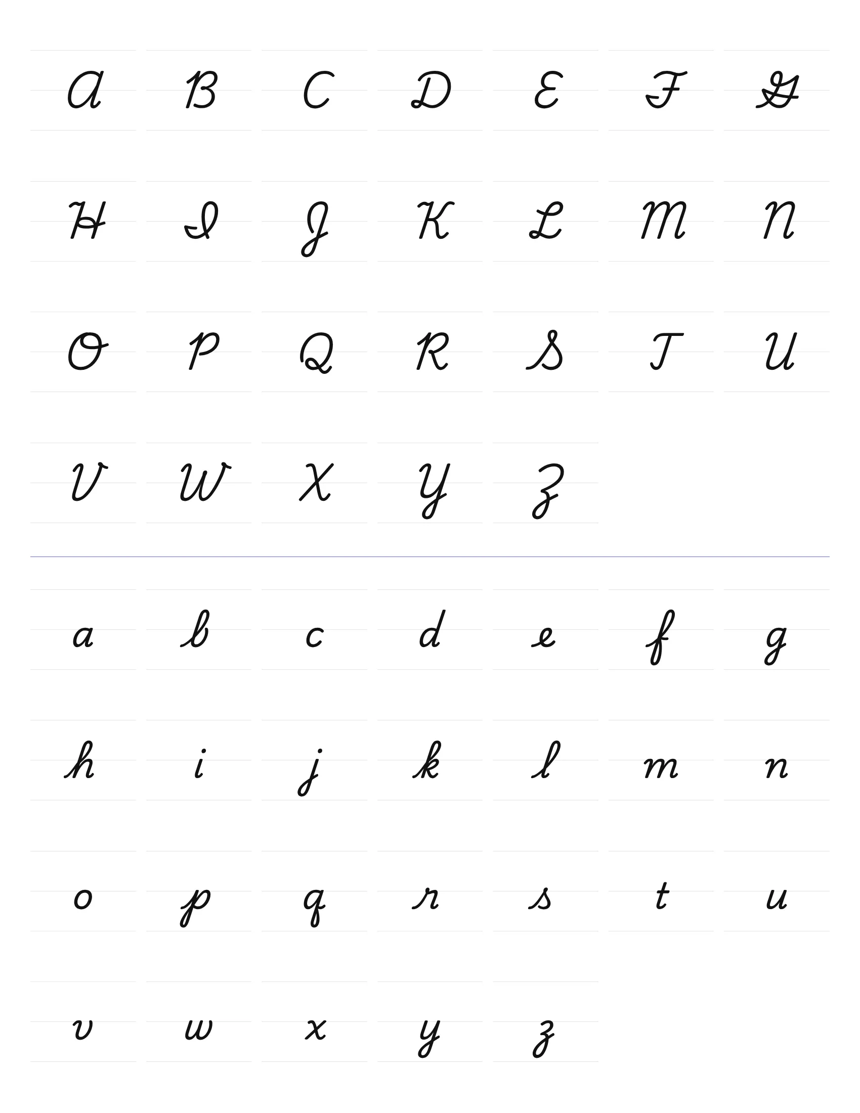 Printable cursive alphabet chart on a single portrait page: 26 capital letters above and 26 lowercase letters below, each in a boxed cell with faint guide lines.