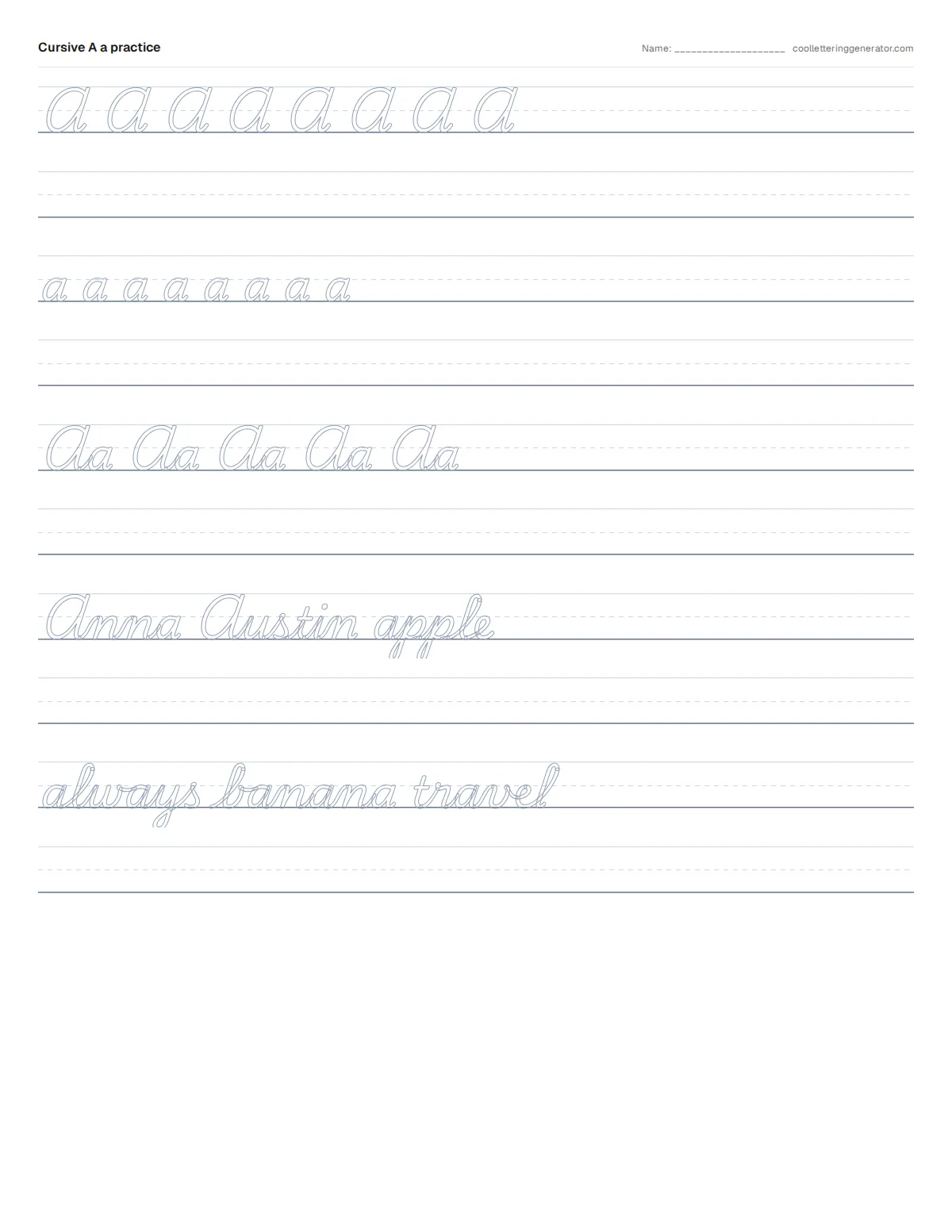 One-page cursive practice worksheet with guide lines, trace rows for the capital, the lowercase and the pair, and practice words.