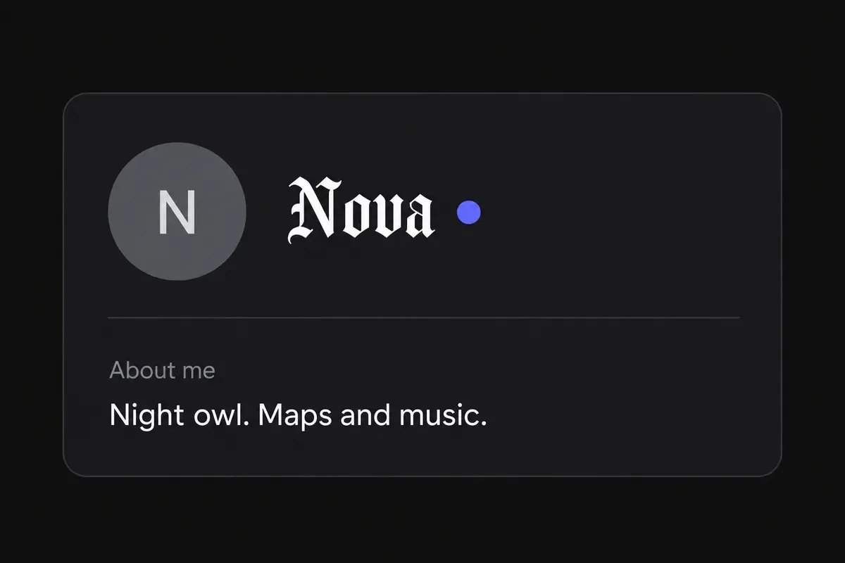 A generic dark profile card with a round avatar, a gothic-style display name and an About me section containing styled text.